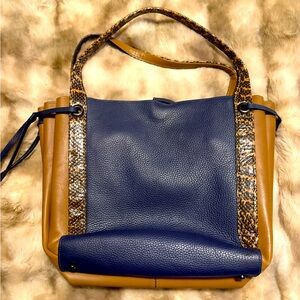 Coach navy and tan tote purse with snakeskin detail